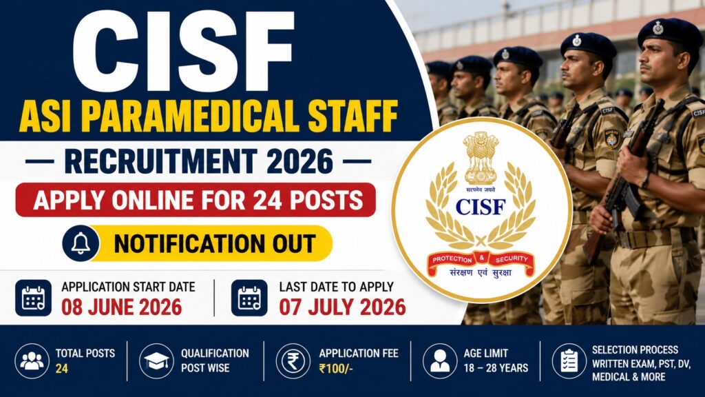 CISF ASI Paramedical Staff Recruitment 2026 Apply Online for 24 Posts, Notification Out